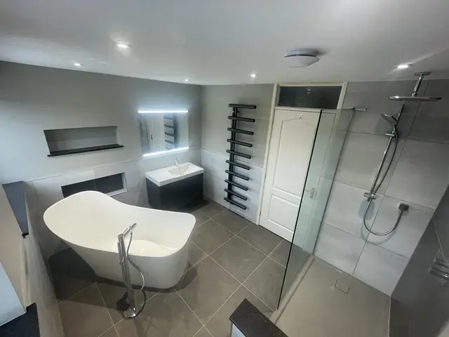 Modern Grey Bathroom with Walk-In Shower